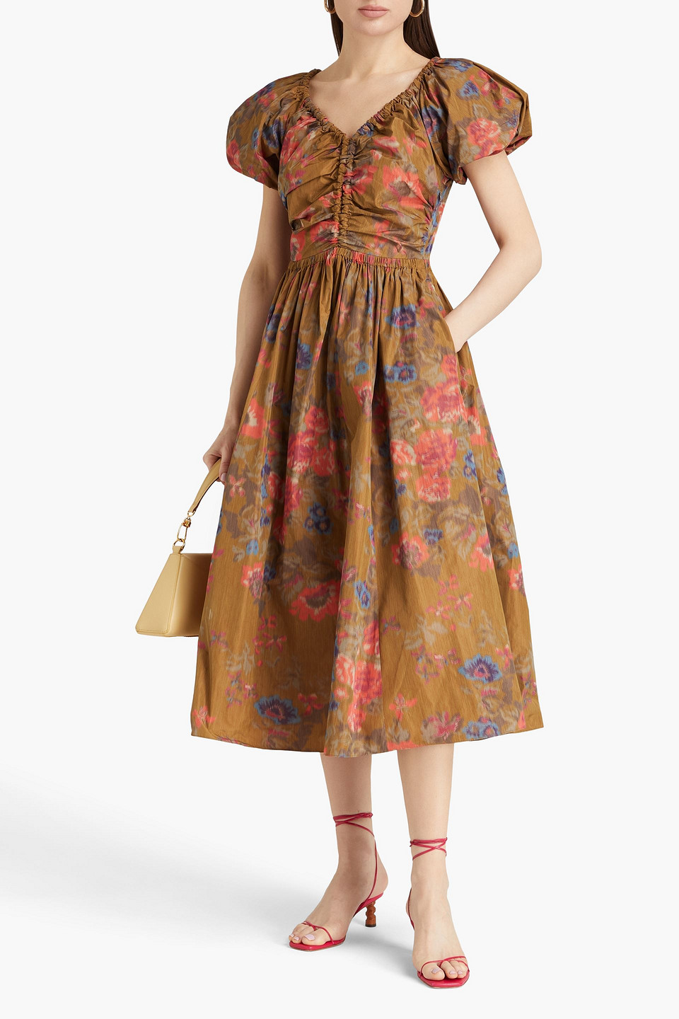 Shop Ulla Johnson Cecile Ruched Floral-print Taffeta Midi Dress In Braun