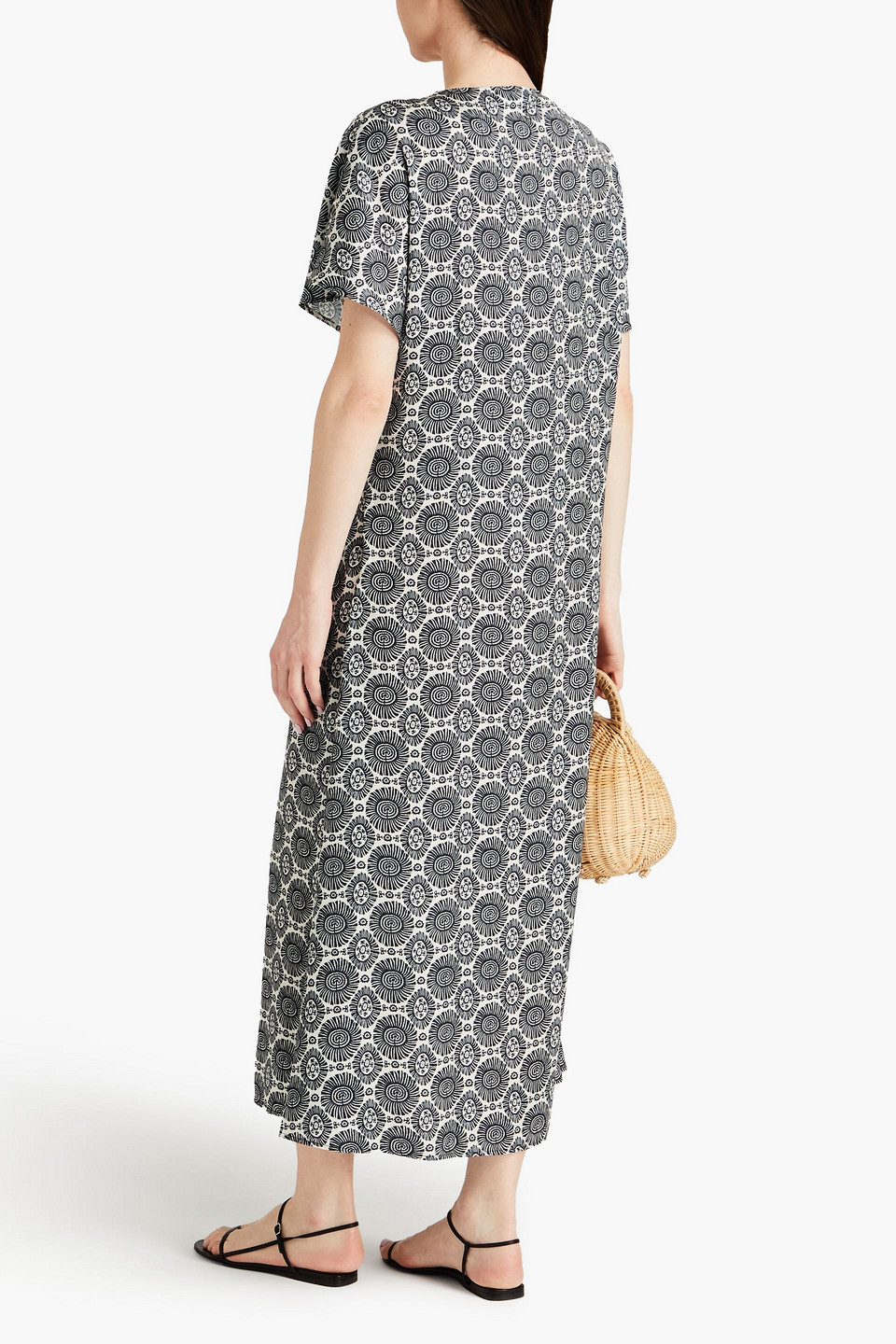 SOLID & STRIPED RING-EMBELLISHED PRINTED SATIN KAFTAN
