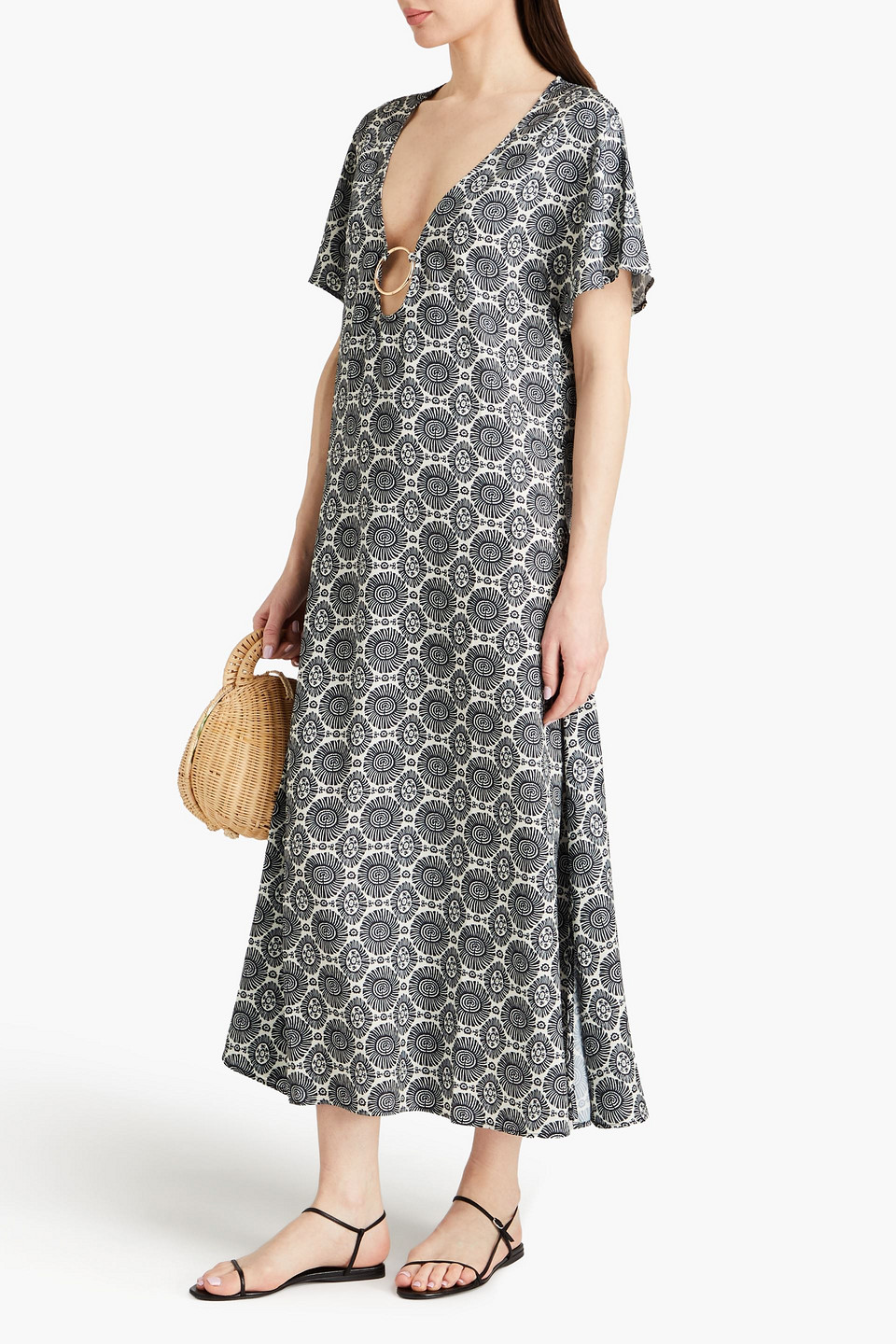 SOLID & STRIPED RING-EMBELLISHED PRINTED SATIN KAFTAN