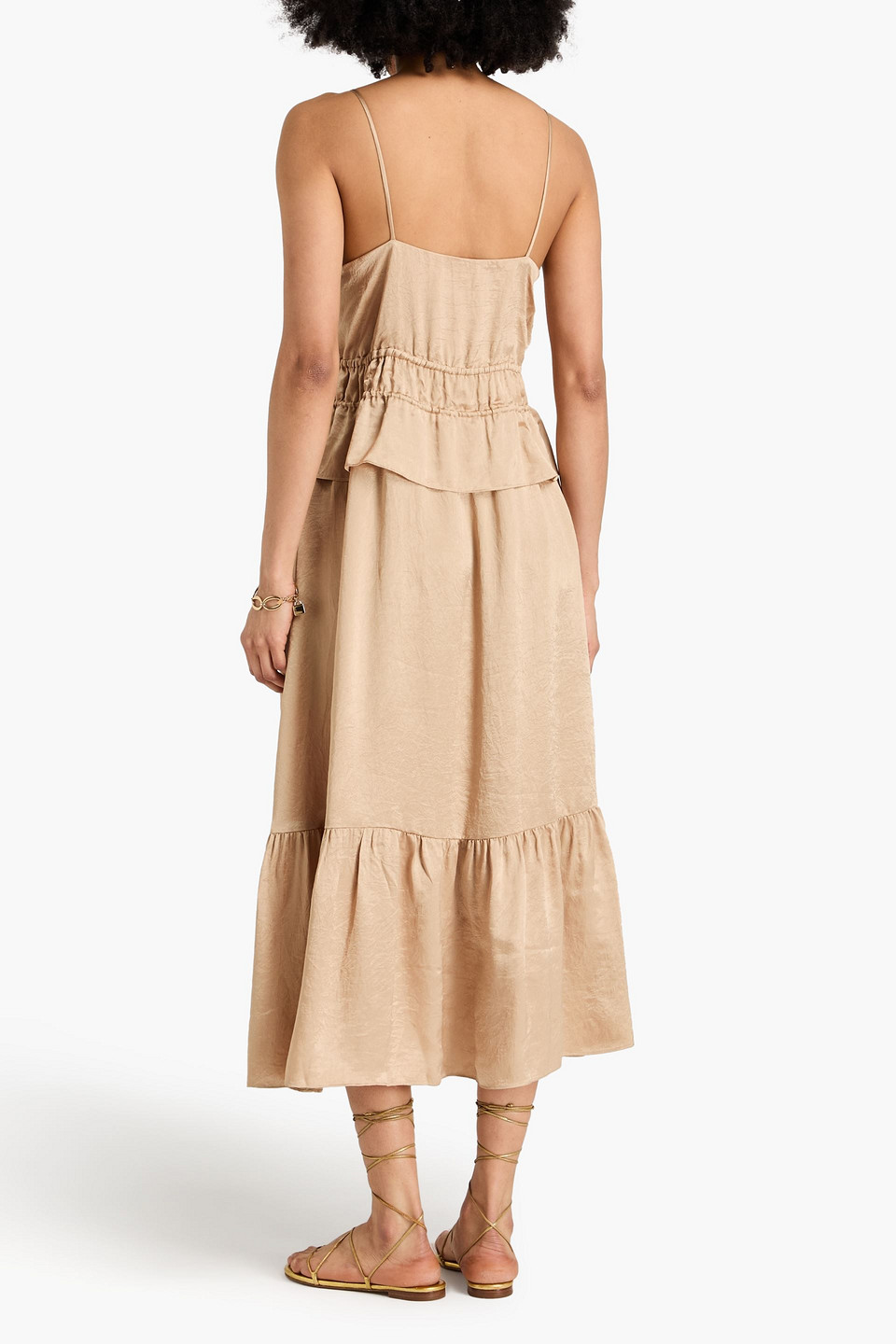 Shop Solid & Striped Ruffled Crinkled-satin Midi Dress In Sand