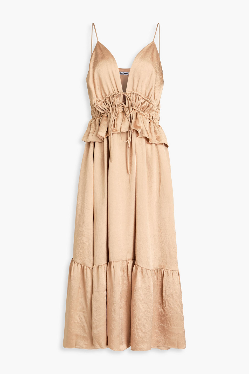 Shop Solid & Striped Ruffled Crinkled-satin Midi Dress In Sand