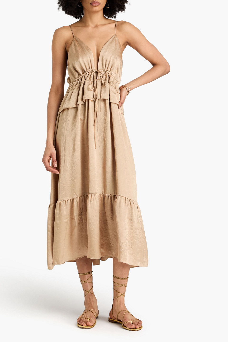 Shop Solid & Striped Ruffled Crinkled-satin Midi Dress In Sand