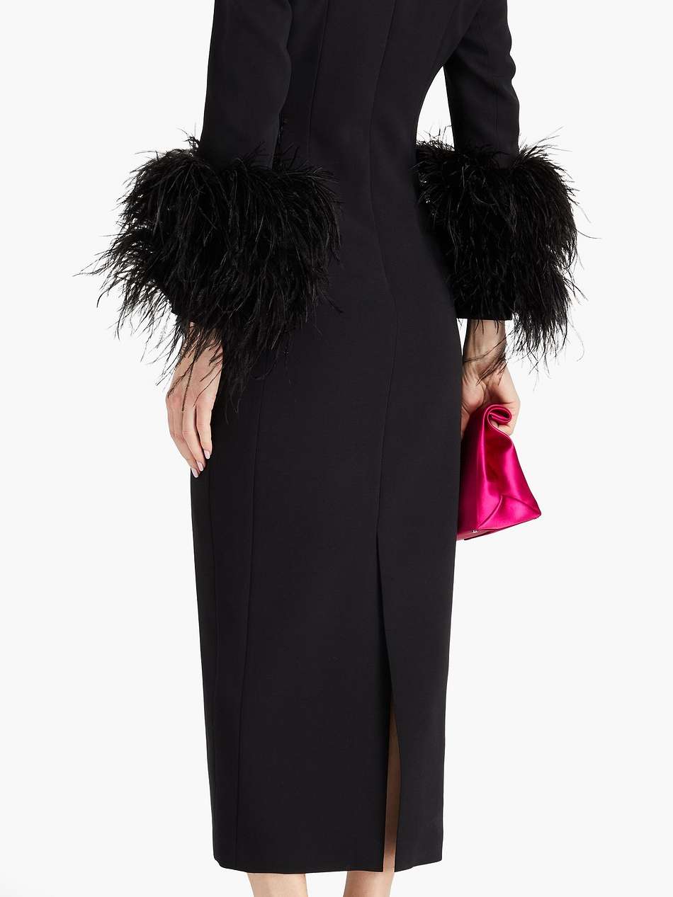 fontaine feather-trimmed crepe midi dress