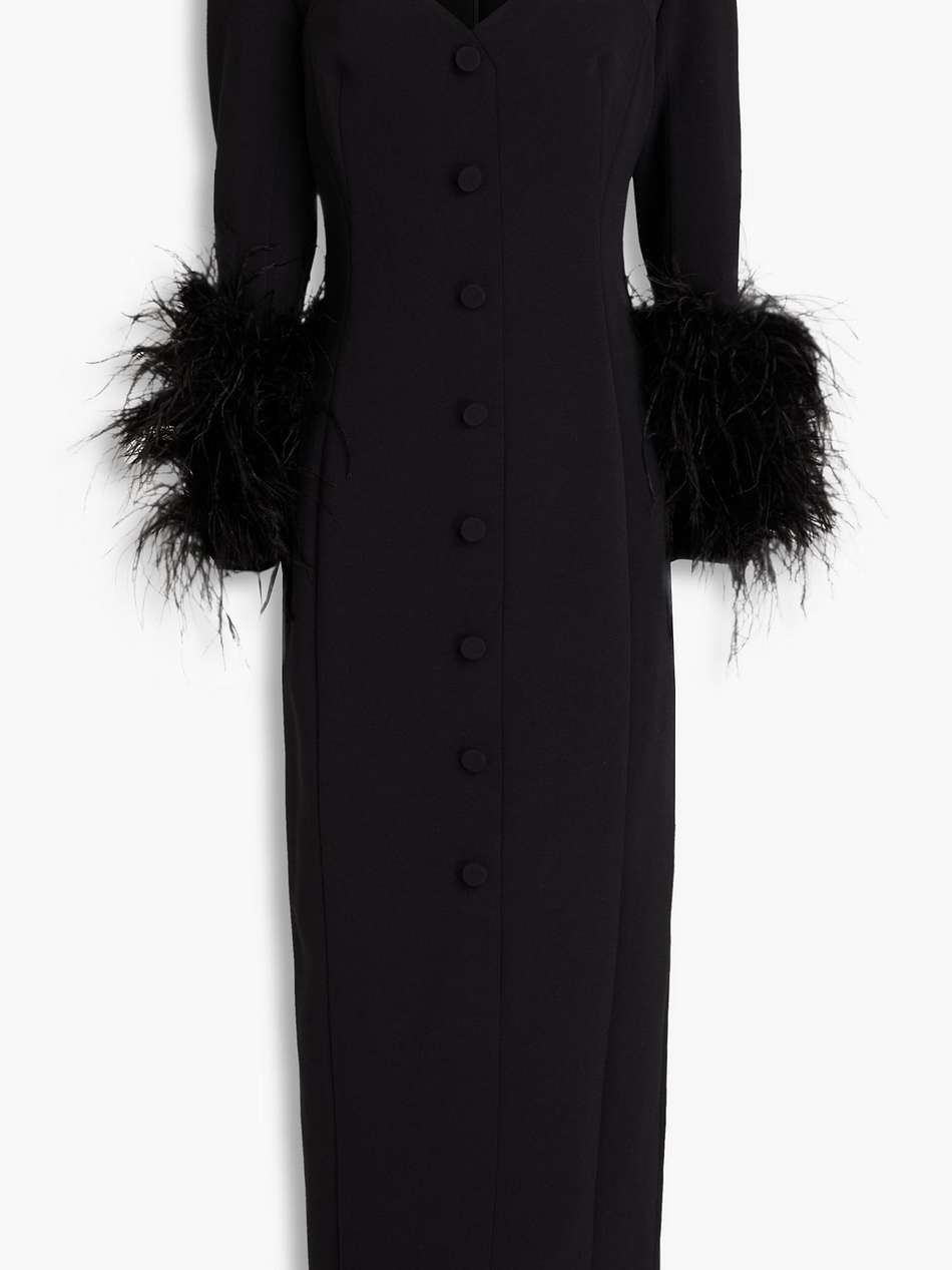 fontaine feather-trimmed crepe midi dress