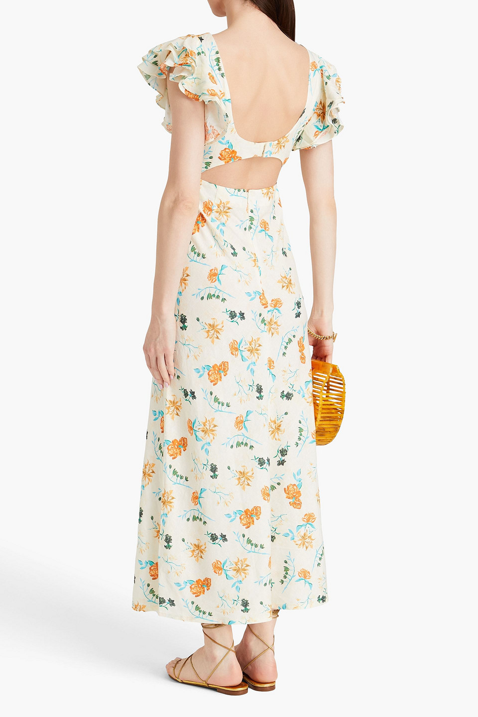 Solid & Striped The Renata Cutout Floral-print Linen-blend Midi Dress In Cream