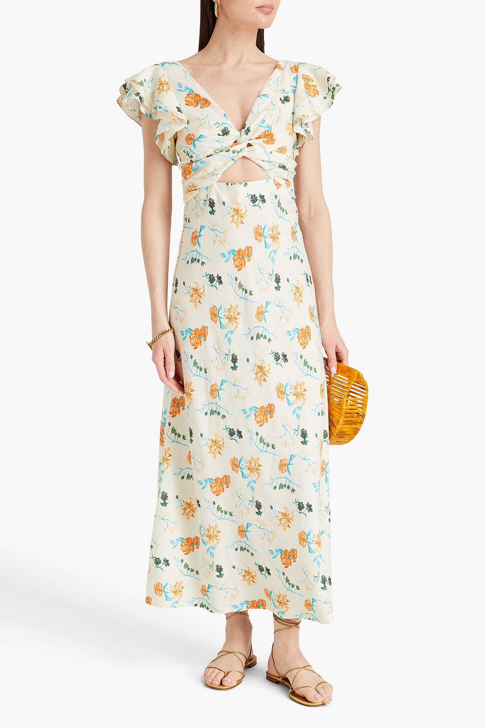 Solid & Striped The Renata Cutout Floral-print Linen-blend Midi Dress In Cream