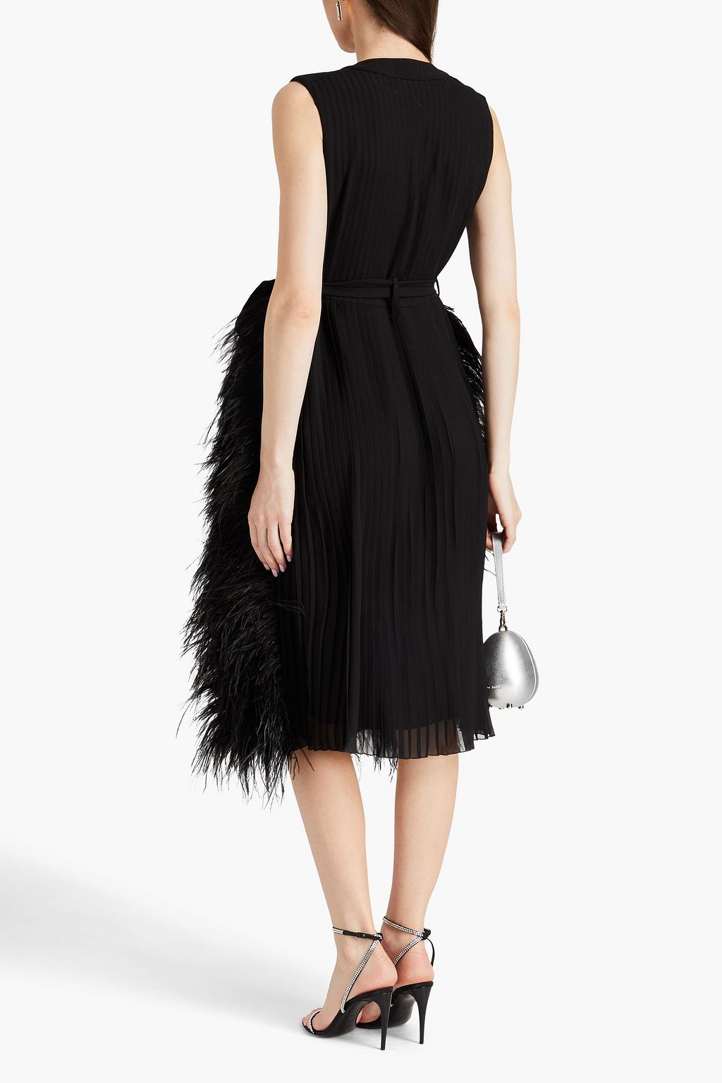 HUISHAN ZHANG Midikleid aus Crêpe mit Federbesatz, Gürtel und Biesen