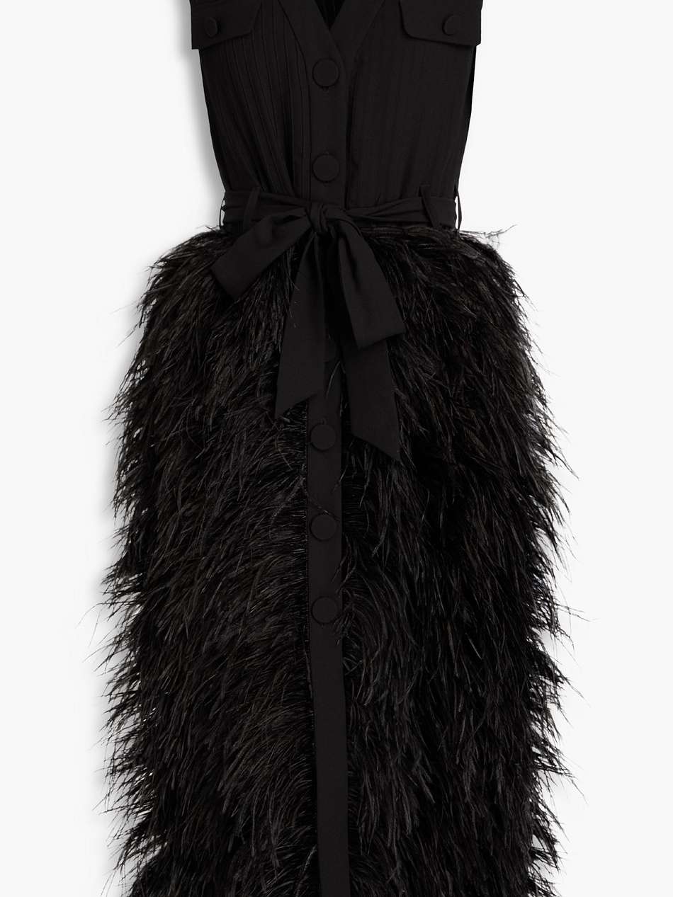 belted feather-trimmed pintucked crepe midi dress