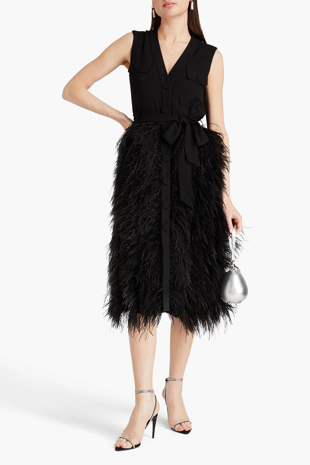 HUISHAN ZHANG Midikleid aus Crêpe mit Federbesatz, Gürtel und Biesen