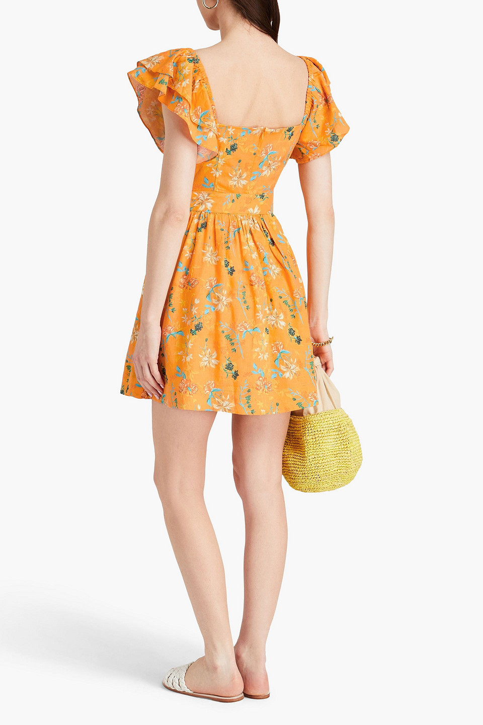 Shop Solid & Striped The Renata Cutout Floral-print Linen-blend Mini Dress In Orange