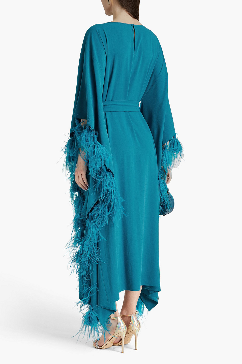 Shop Huishan Zhang Palma Belted Feather-trimmed Crepe Kaftan In Teal