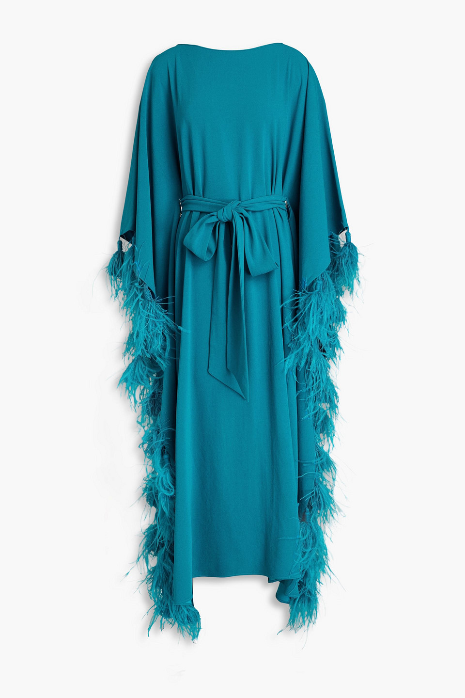 Huishan Zhang Palma Belted Feather-trimmed Crepe Kaftan In Teal