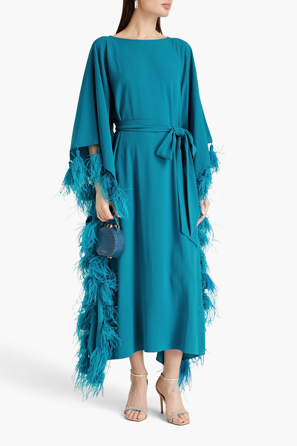 Shop Huishan Zhang Palma Belted Feather-trimmed Crepe Kaftan In Teal