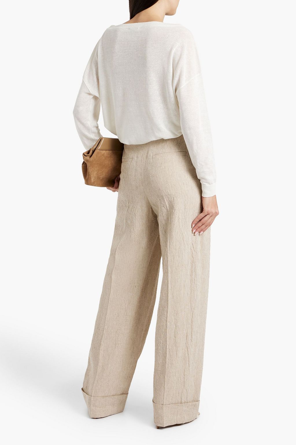 BRUNELLO CUCINELLI Bead-embellished striped linen wide-leg pants
