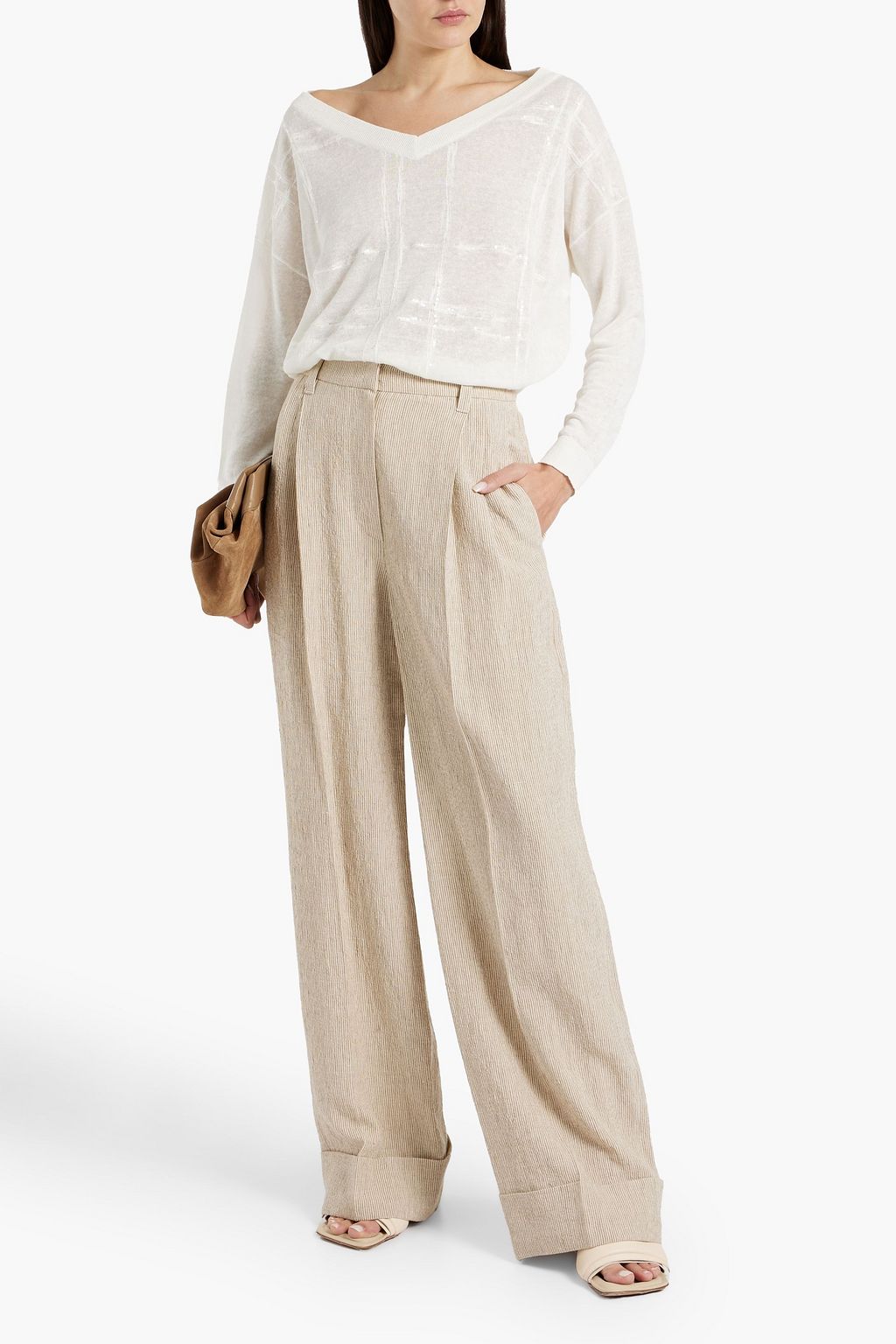 BRUNELLO CUCINELLI Bead-embellished striped linen wide-leg pants