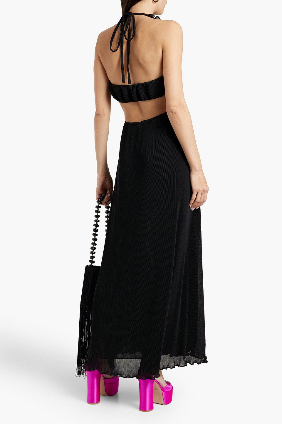 Shop Loveshackfancy Talitha Cutout Plissé-crepe Halterneck Maxi Dress In Black