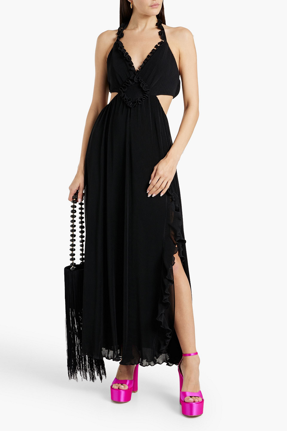 Shop Loveshackfancy Talitha Cutout Plissé-crepe Halterneck Maxi Dress In Black