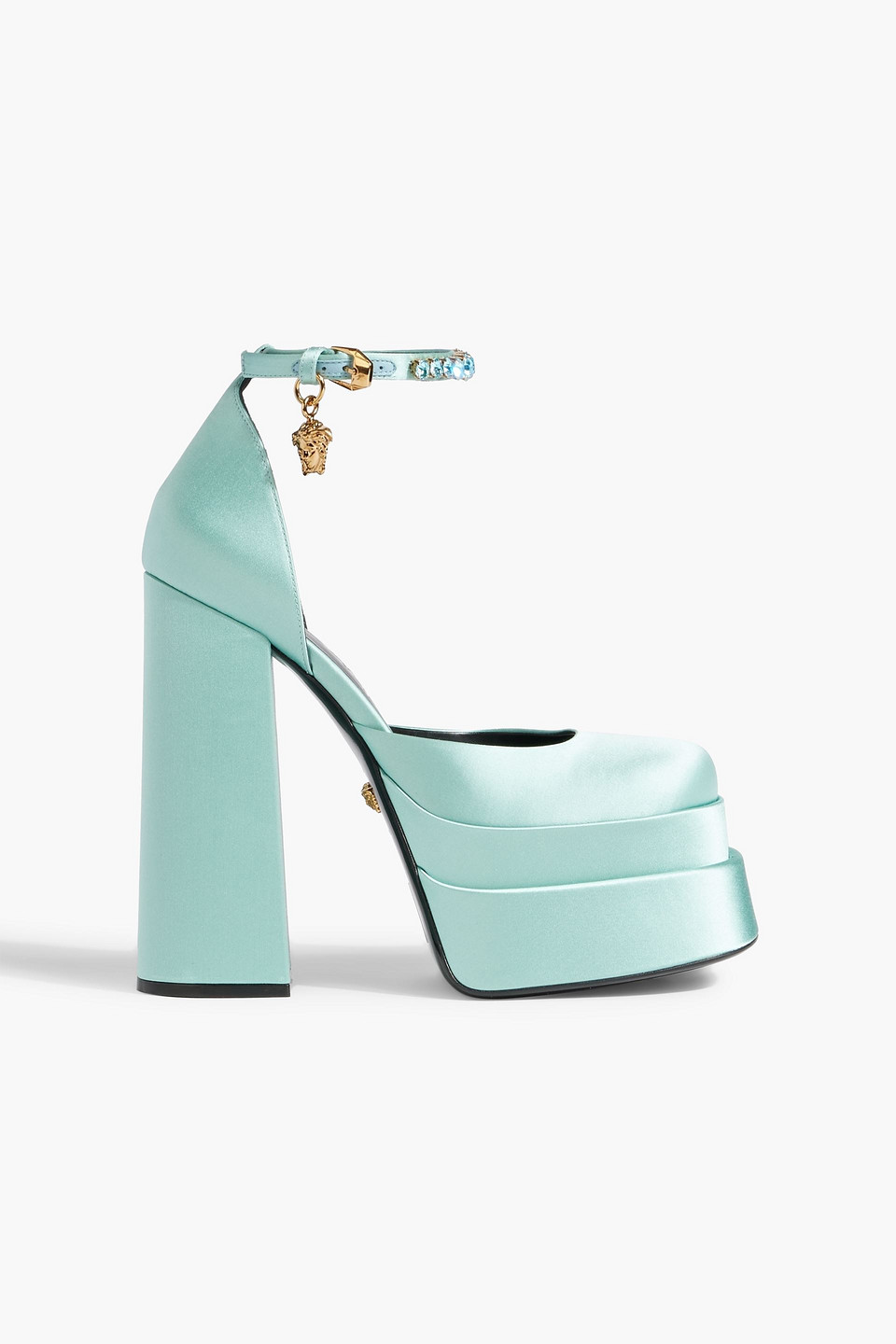 Shop Versace Medusa Aevitas Embellished Satin Platform Pumps In Mint