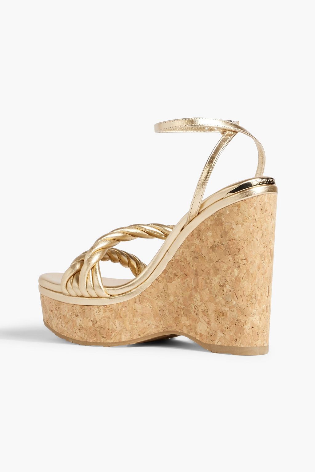 JIMMY CHOO Diosa 130 twisted metallic leather wedge sandals