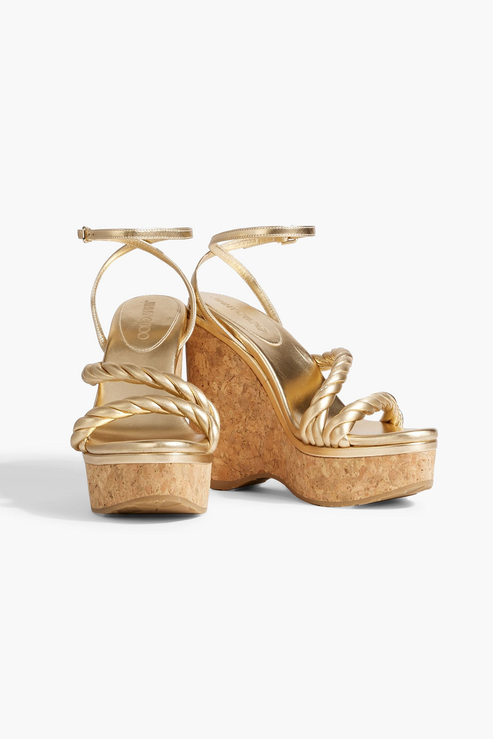 Shop Jimmy Choo Diosa 130 Twisted Metallic Leather Wedge Sandals In Gold