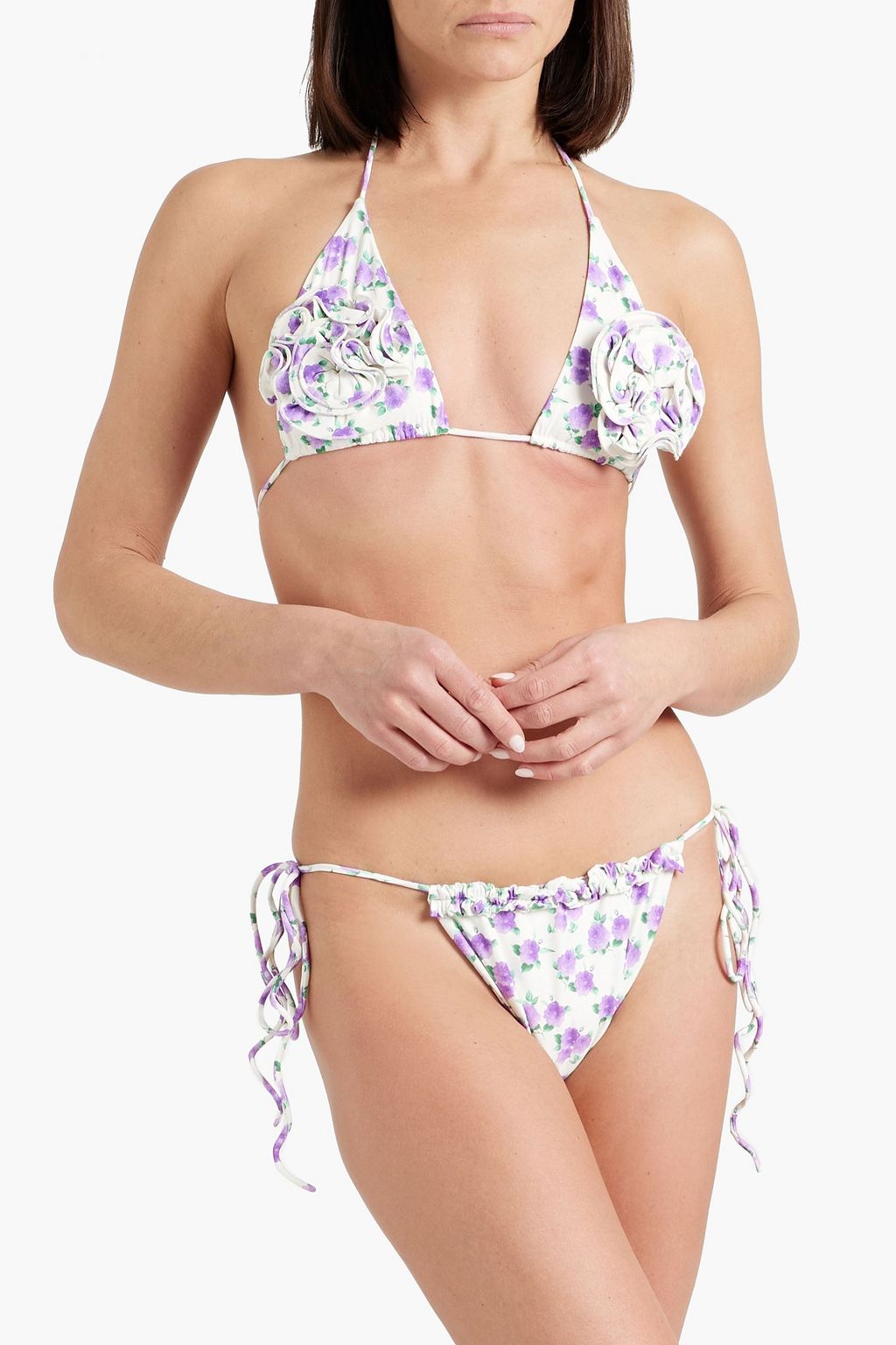 MAGDA BUTRYM Appliquéd floral-print triangle bikini top