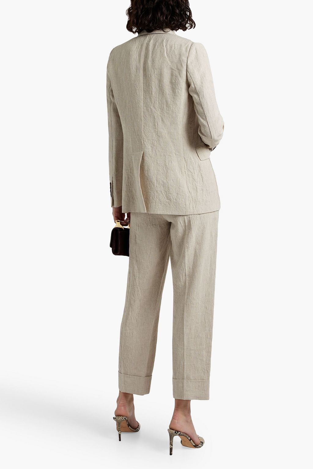 BRUNELLO CUCINELLI Double-breasted bead-embellished checked linen-jacquard blazer