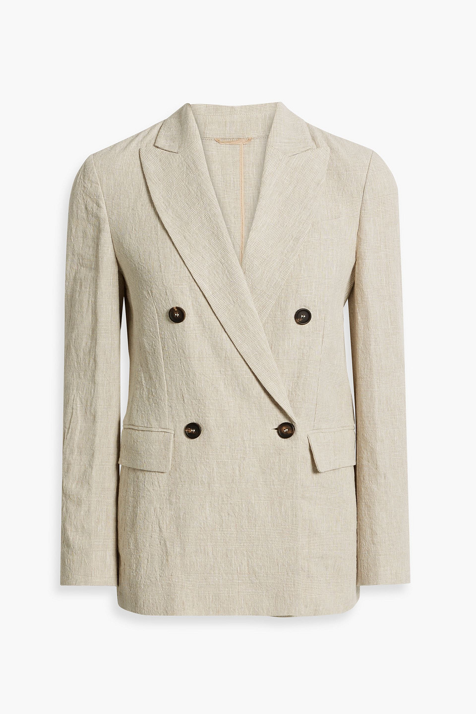 Brunello Cucinelli Double-breasted Bead-embellished Checked Linen-jacquard Blazer In Beige