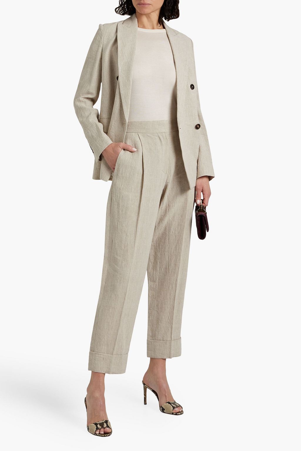 BRUNELLO CUCINELLI Double-breasted bead-embellished checked linen-jacquard blazer