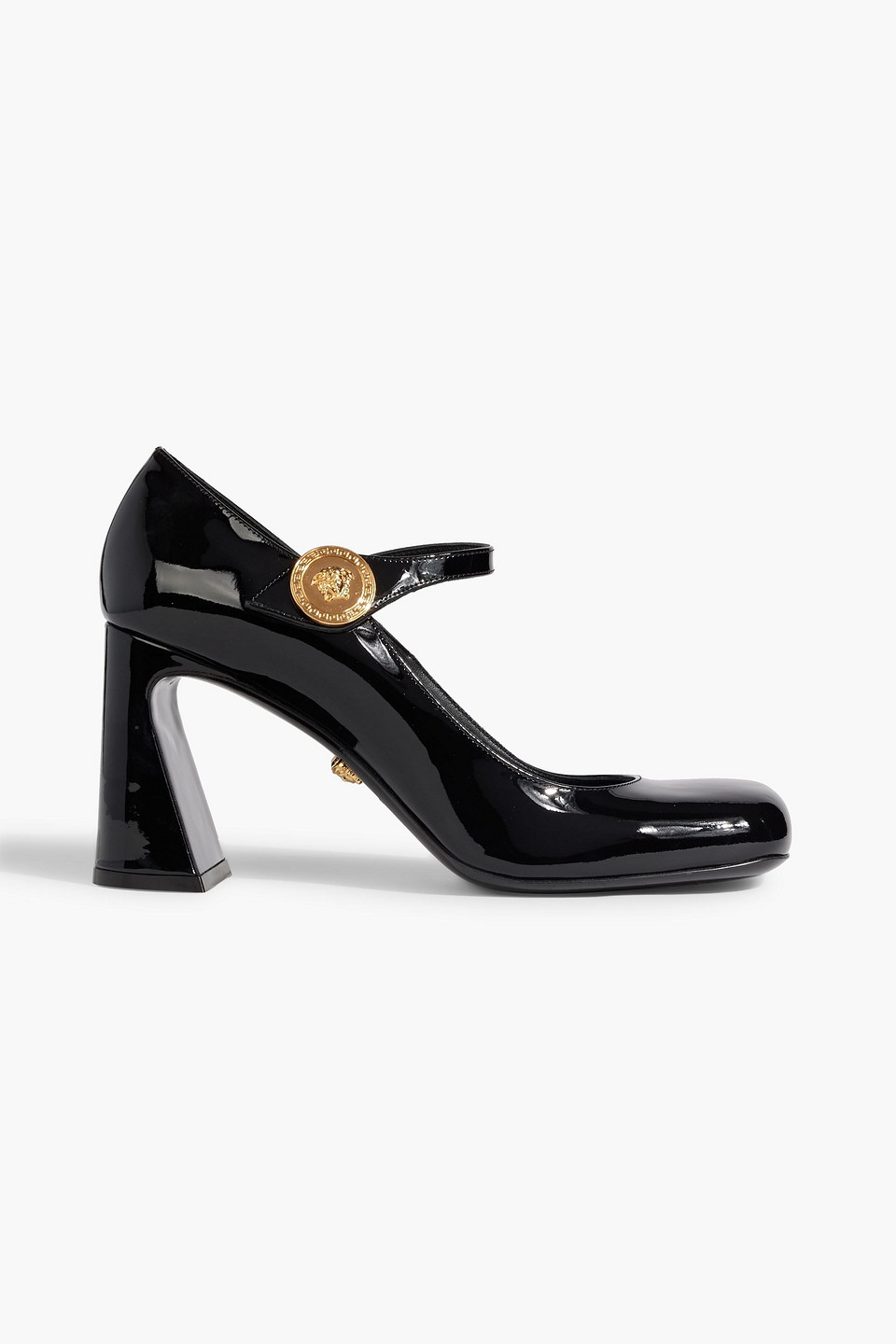 Shop Versace La Medusa Embellished Patent-leather Mary Jane Pumps In Black