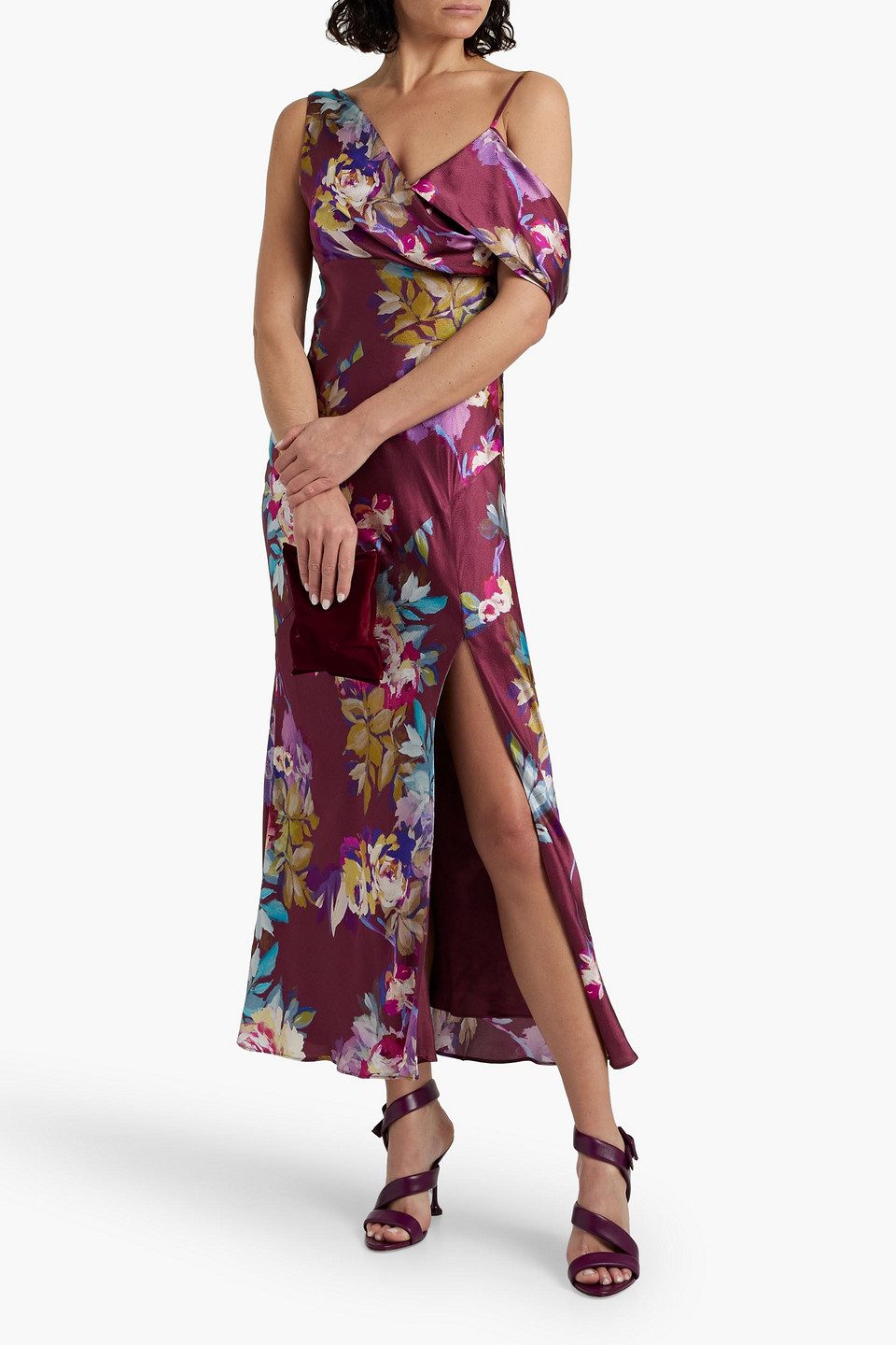 Shop Nicholas Finley Floral-print Hammered Silk-satin Maxi Dress In Plum