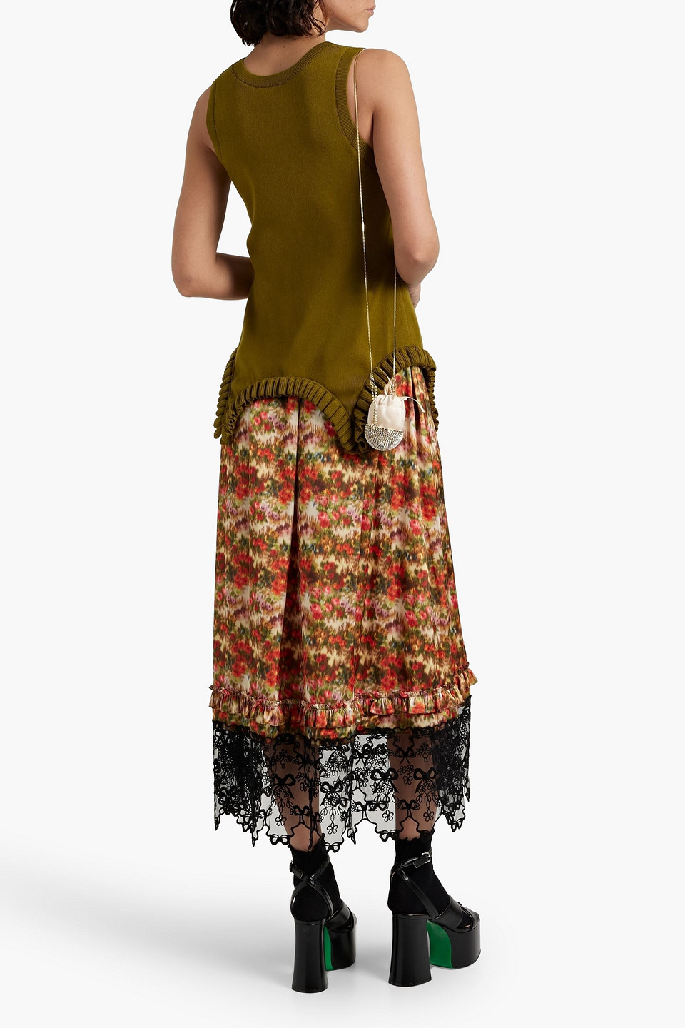 Simone Rocha Lace-trimmed Floral-print Satin Midi Skirt In Tomato Red