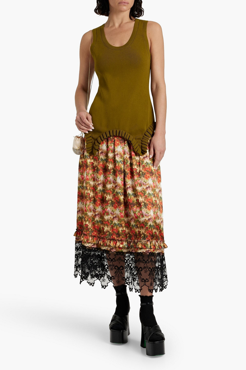Simone Rocha Lace-trimmed Floral-print Satin Midi Skirt In Tomato Red