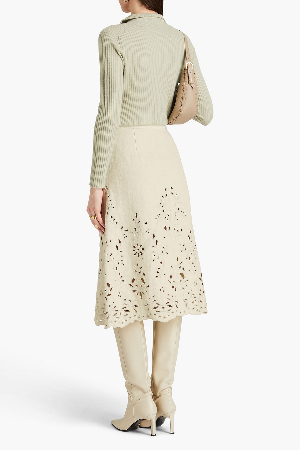 Chloé Broderie Anglaise Hemp And Paper-blend Midi Skirt In Naturfarben