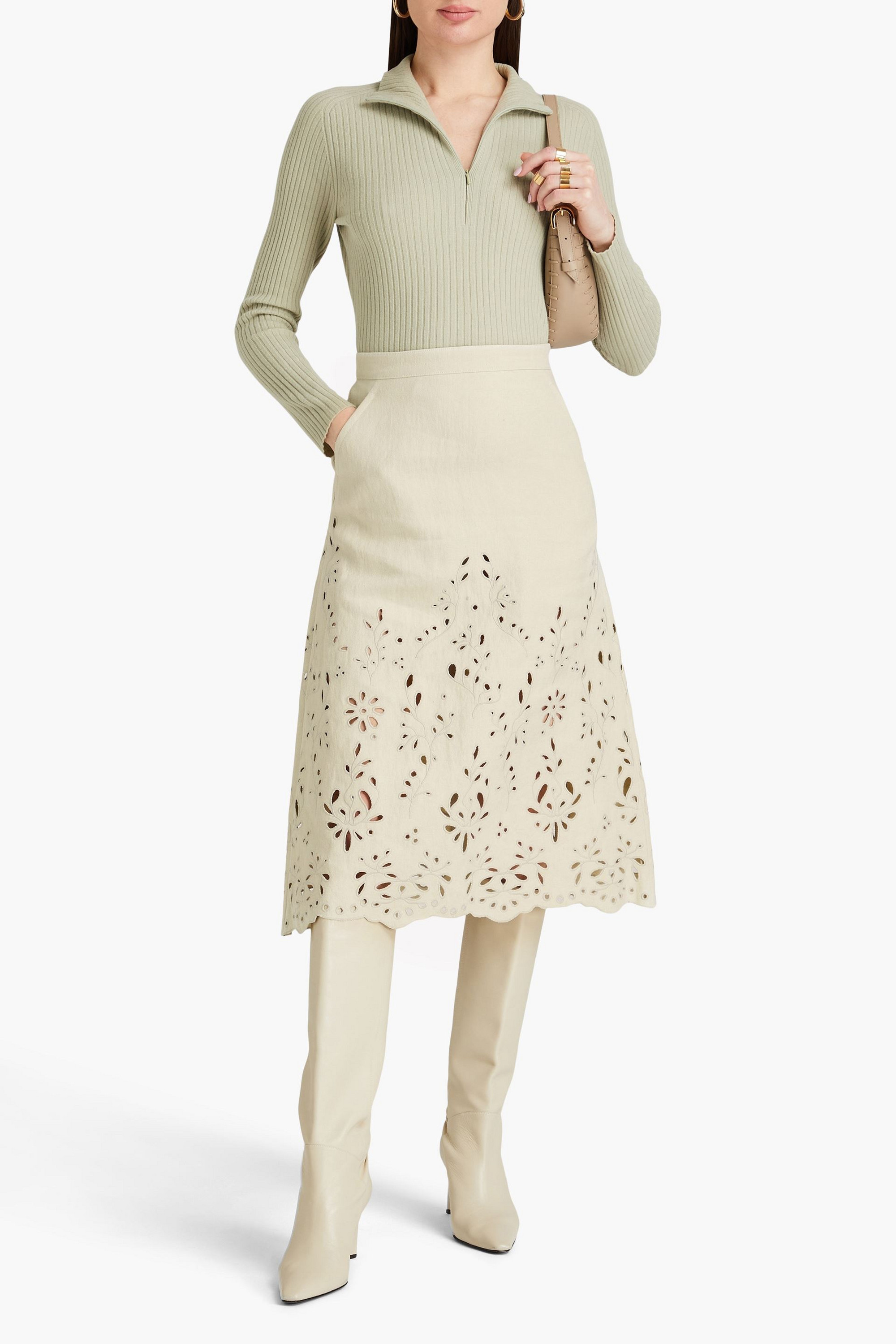 Chloé Broderie anglaise hemp and paper-blend midi skirt