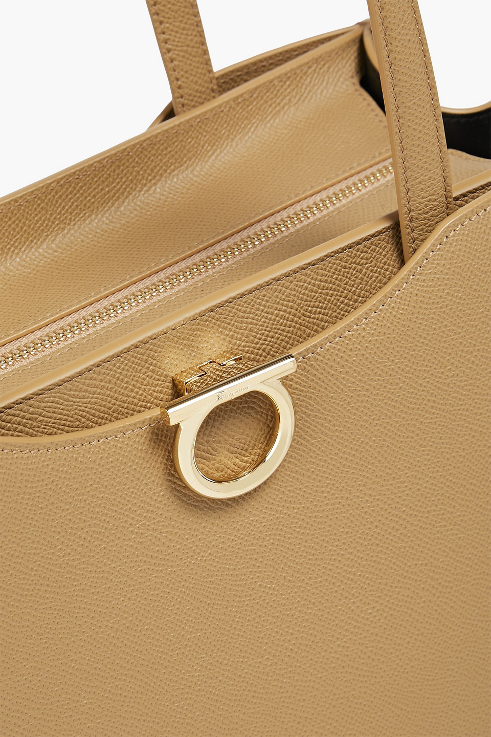 Shop Ferragamo Gemini Pebbled-leather Tote In Camel