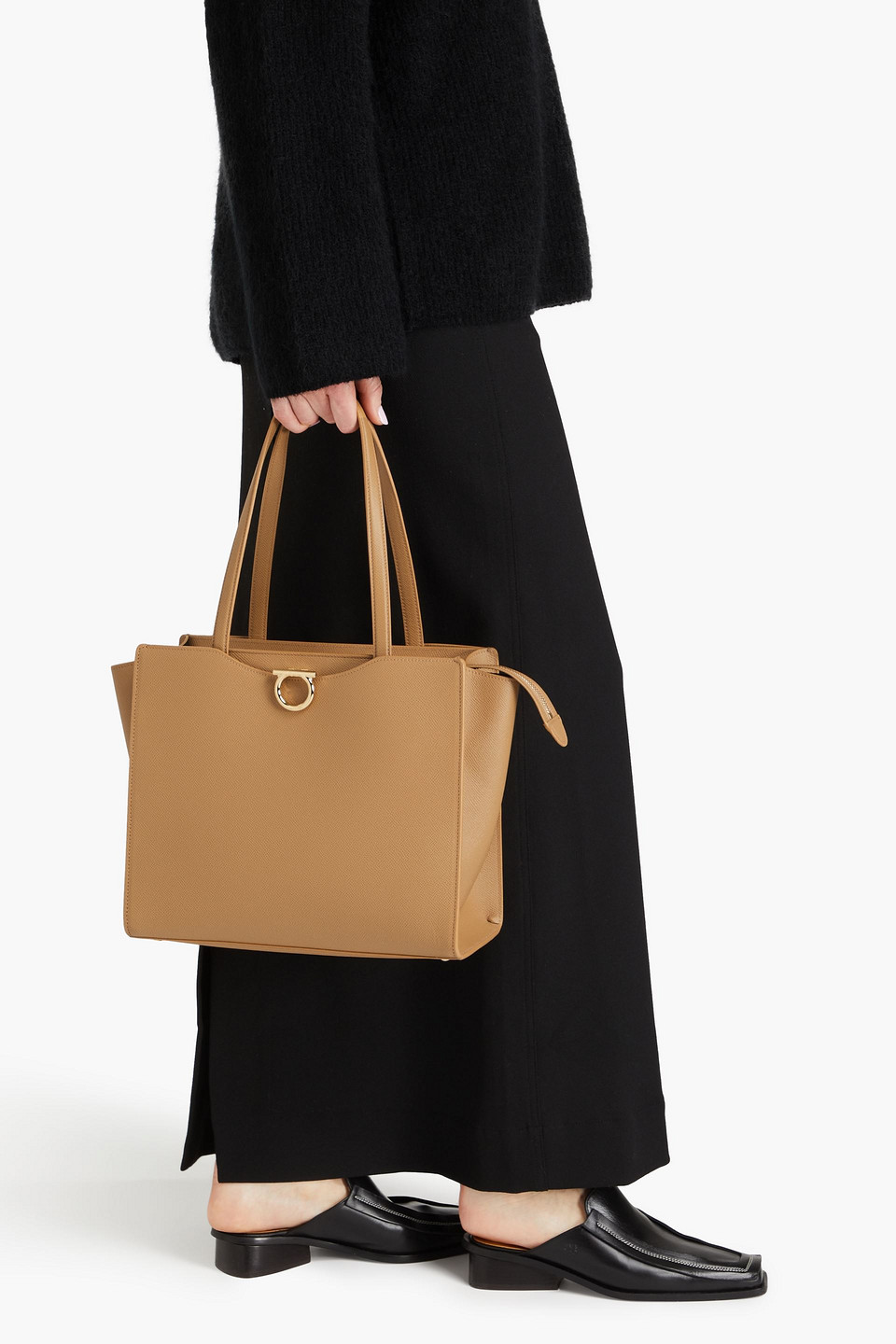 Shop Ferragamo Gemini Pebbled-leather Tote In Camel