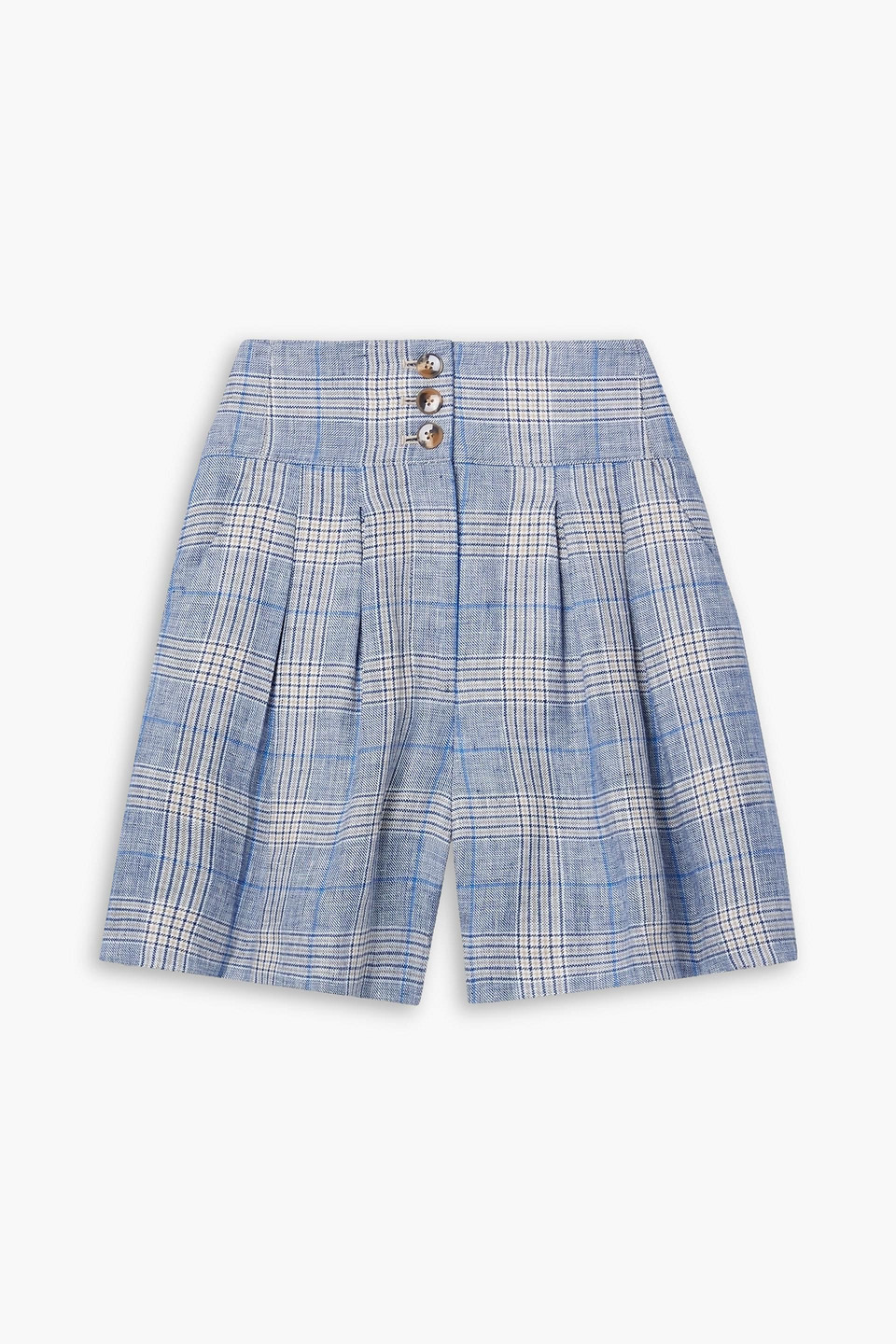 Shop Veronica Beard Alicia Pleated Checked Linen Shorts In Blue