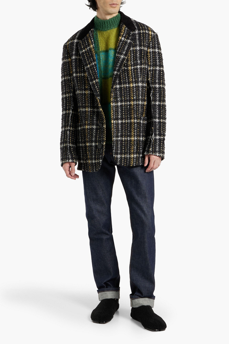 Shop Marni Checked Wool-blend Tweed Blazer In Black