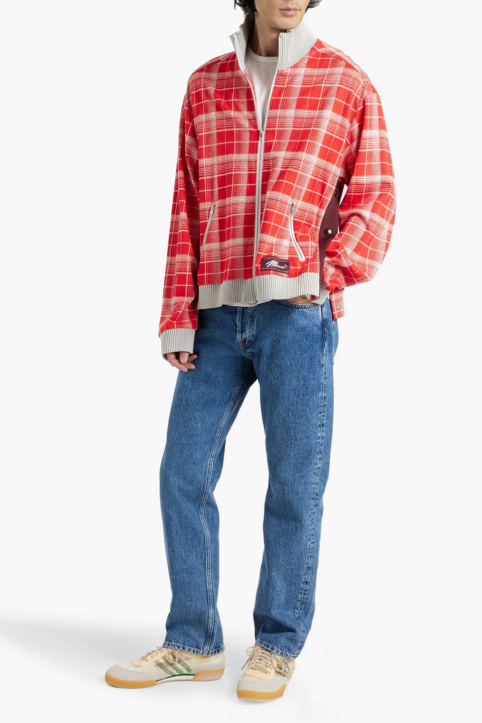 Shop Marni Checked Jacquard-knit Bomber Jacket In Red