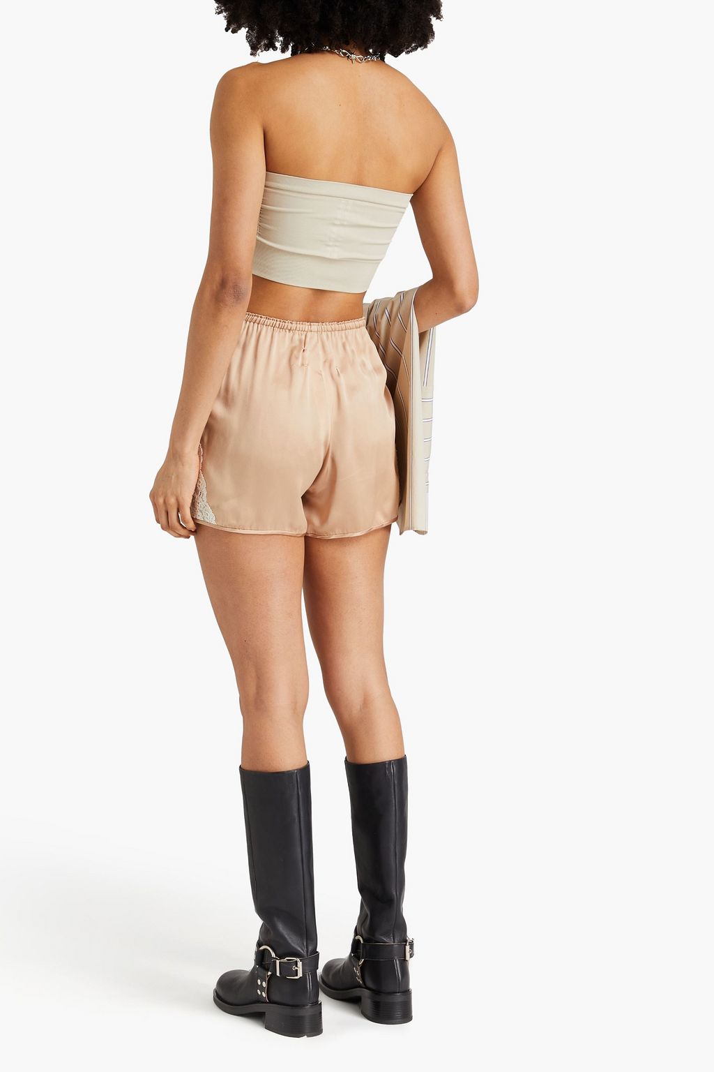 MAISON MARGIELA Pleated corded lace-paneled silk-satin shorts
