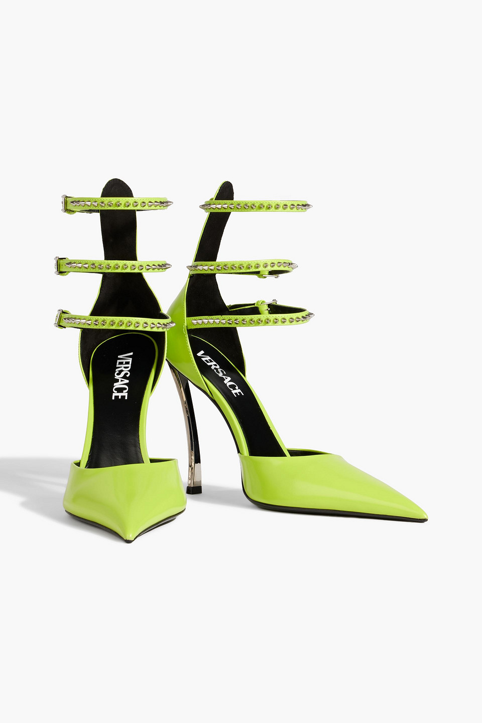 Shop Versace Pin-point Studded Neon Leather Pumps In Lime Green