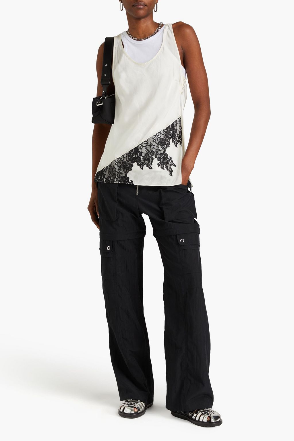 3.1 PHILLIP LIM بلوزة بدون أكمام وبطبقات مصنوعة من قطن جيرسي والساتان بحواف من الدانتيل