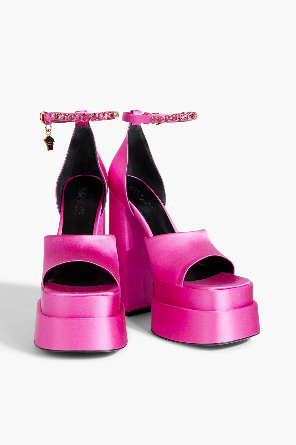 Shop Versace Medusa Aevitas Embellished Satin Platform Sandals In Bright Pink