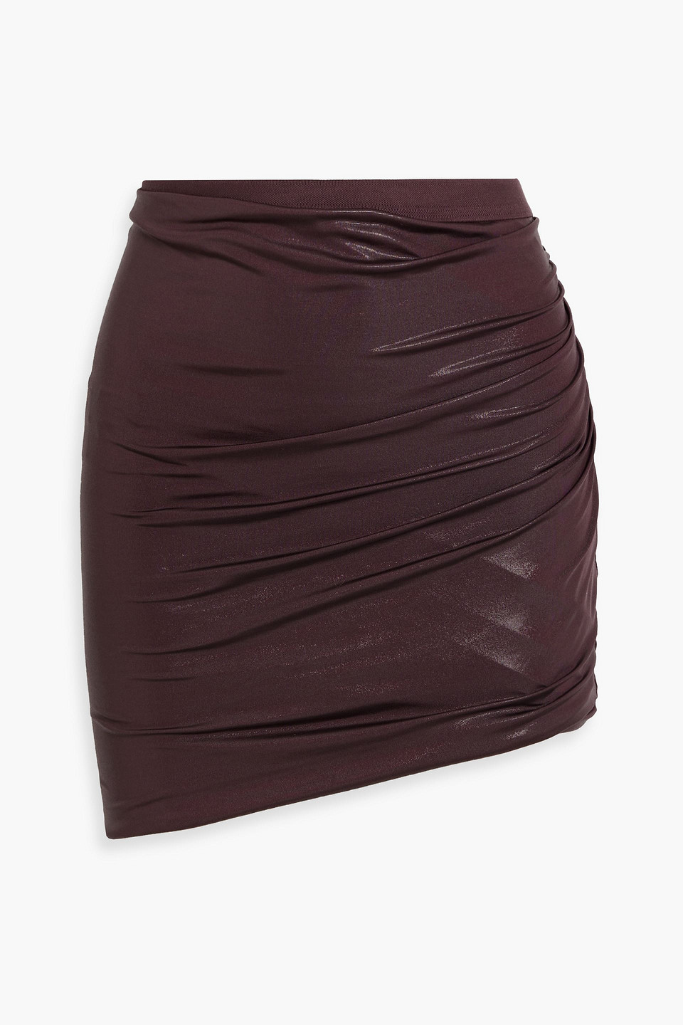 Rick Owens Jade Ruched Coated Stretch-jersey Mini Skirt In Grape