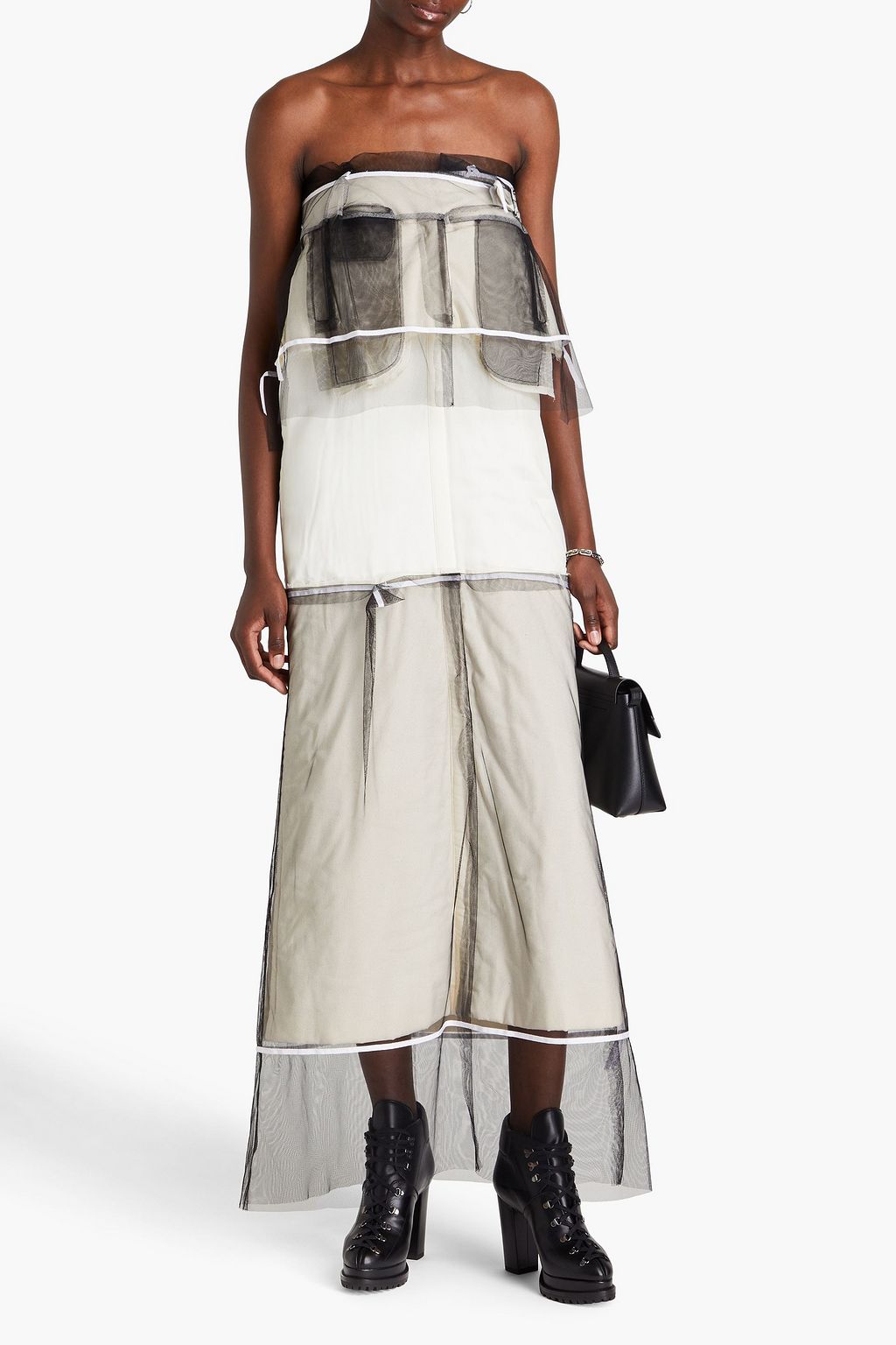 MAISON MARGIELA فستان متوسط الطول وبدون حمالات مصنوع من قطن كنفا والتويل والتول