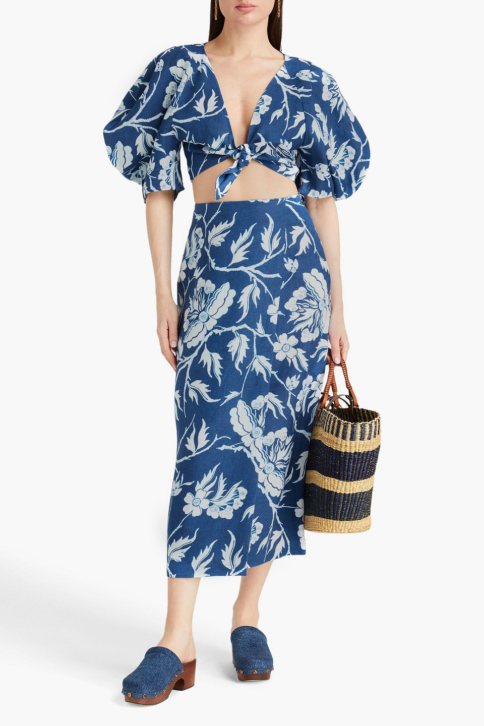 MARA HOFFMAN NAVYA CROPPED FLORAL-PRINT HEMP TOP