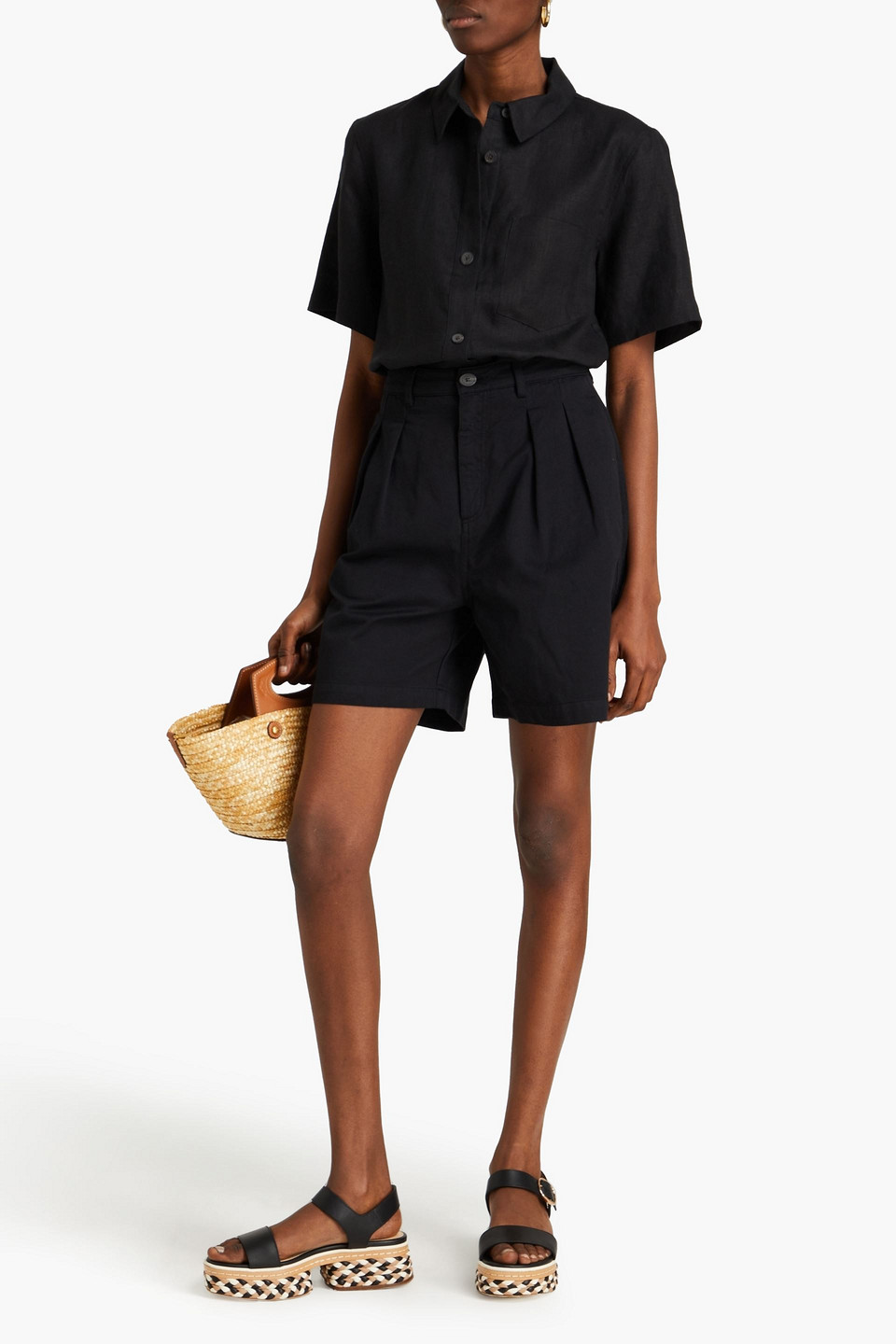 Shop Mara Hoffman Milo Pleated Cotton-twill Shorts In Black