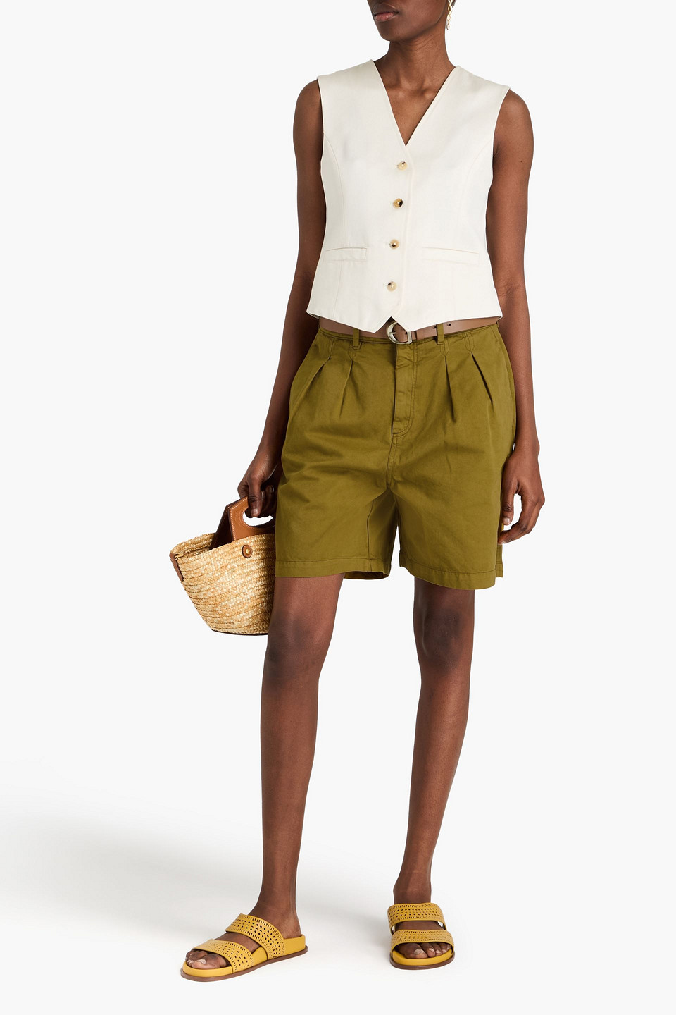 Shop Mara Hoffman Milo Pleated Cotton-twill Shorts In Army Green