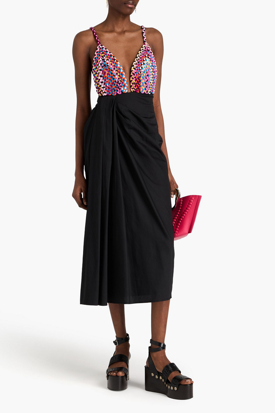 Shop Mara Hoffman Wrap-effect Braided Cotton-poplin Twill Midi Dress In Black