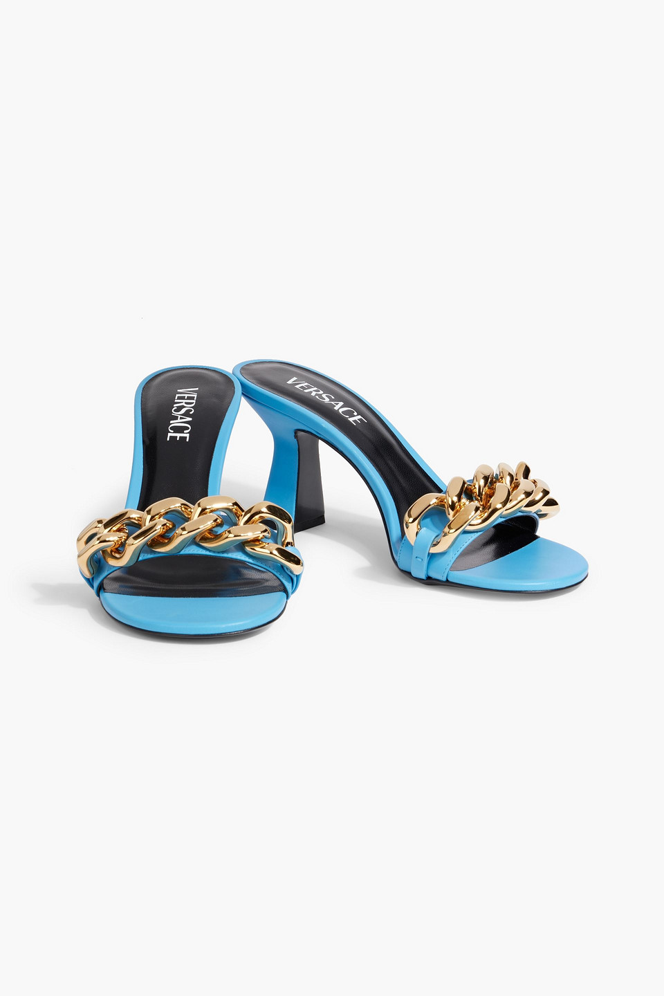 Shop Versace Chain-embellished Leather Mules In Azure